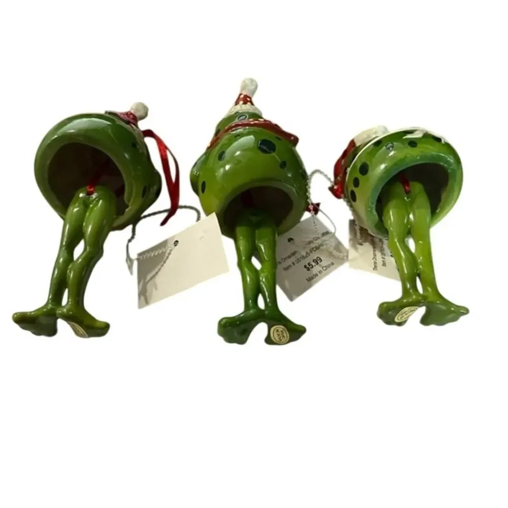 Hoppity Frog Christmas Ornaments Set of 3 Green Bell Shaped 6